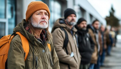 Fototapeta premium Jobless individuals waiting in line outside a closed factory, representing the effect of economic downturns on employment and livelihoods. Unemployment Economic collapse