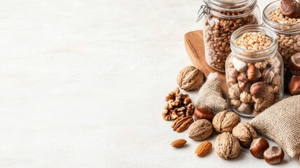 The kitchen features a wooden plate holding eco-friendly mesh bags filled with nuts, seeds, and legumes, along with glass jars of plant-based milk, reflecting a sustainable approach