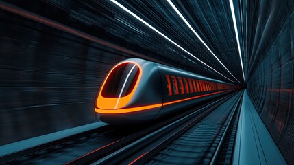 A futuristic train racing through a dark tunnel, illuminated by striking neon lights, depicting speed and modern technology.