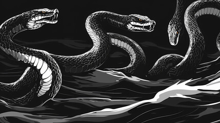 Obraz premium Flat black and white hydra snakes on the river vector illustration royalty free images generated ai. Hydra. Illustration
