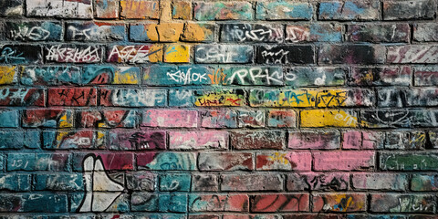 Naklejka premium Frantic Handwriting on the Wall: A graffiti-covered brick wall, featuring illegible scribbles and desperate messages.