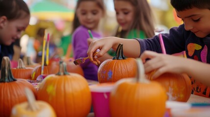 Children decorating pumpkins and leafs at a fall festival