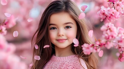 Fototapeta premium A little girl in a pink sweater smiles sweetly, surrounded by falling cherry blossom petals.
