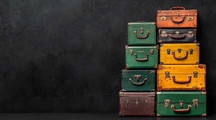 A stack of vintage suitcases rests against a dark background, hinting at journeys past.