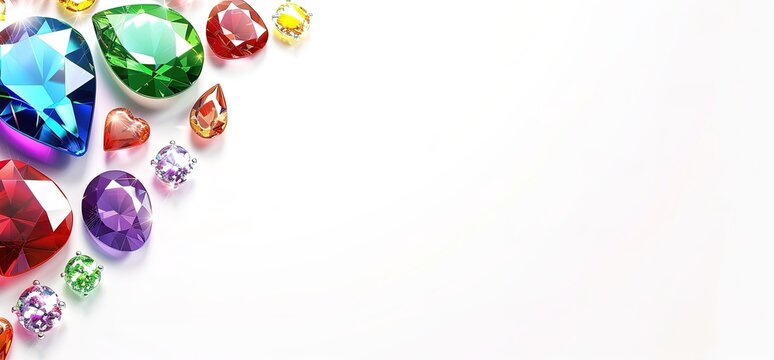Collection of colorful gemstones arranged on a white background. Gemstones of various shapes and sizes in different colors including red, blue, green, purple and yellow.