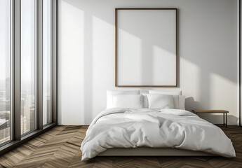 Bright, minimalistic bedroom with a large empty poster frame mock-up above a white bed, surrounded by floor-to-ceiling windows letting in natural light