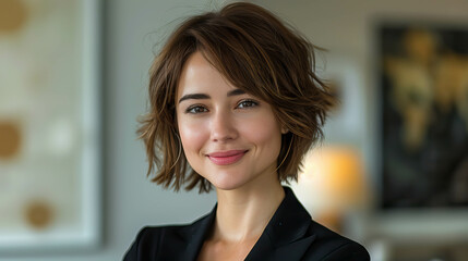 Fototapeta premium Professional Woman brunette Smiling Confidently in Modern Office Setting