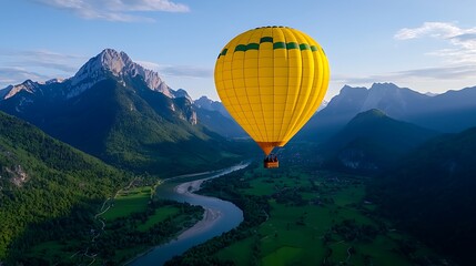 Fototapeta premium A yellow hot air balloon drifts peacefully over a river valley, framed by mountains.