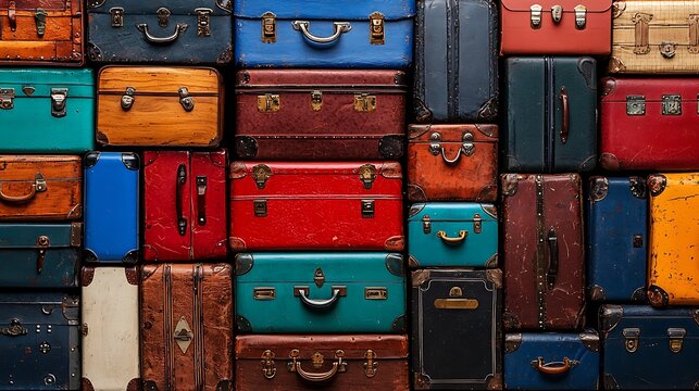 A textured wall of vintage suitcases evokes the charm of retro travel luggage.