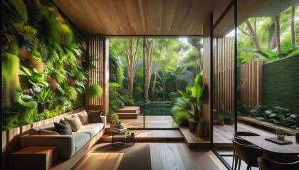 Fototapeta premium Contemporary Living Room with Abundant Green Plants, Vertical Garden Wall, and Cozy Wooden Furniture Creating a Tranquil Urban Oasis