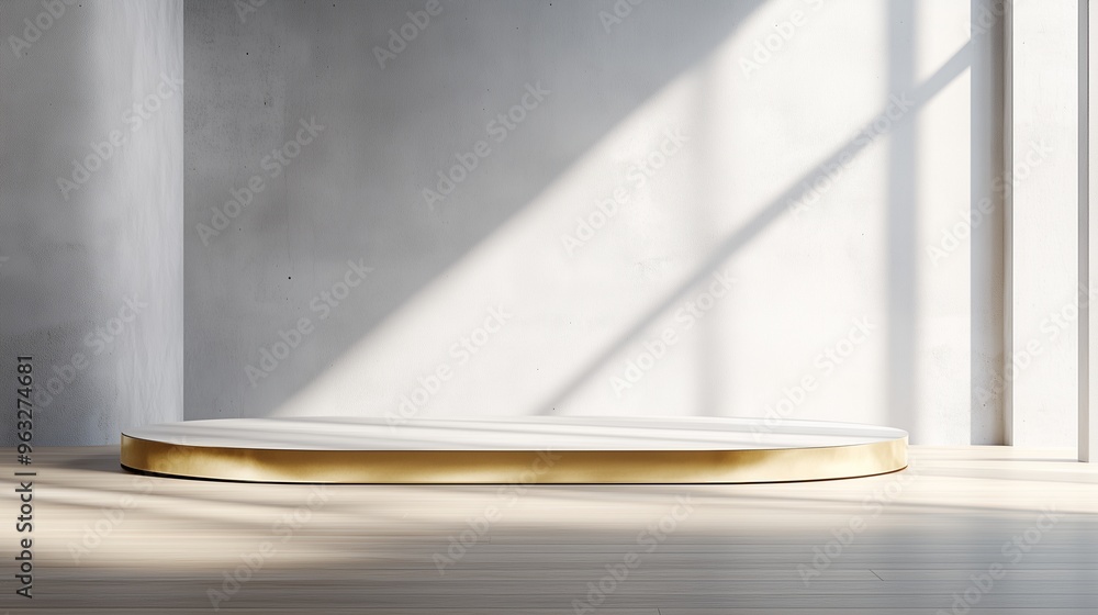 Wall mural a bright, minimalist luxury space featuring smooth concrete walls and a sleek gold-edged empty platf