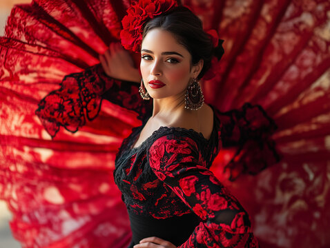 Atractiva bailarina de flamenco espa&ntilde;ola con un vestido tradicional de colores negro y rojo.