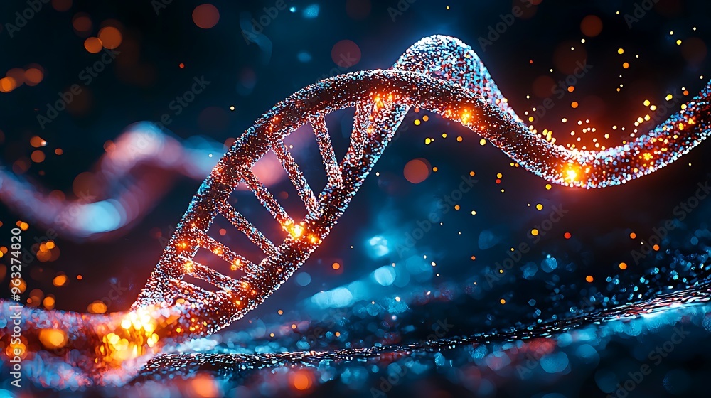 Poster a glowing double helix sparkles with a bokeh effect, merging science and artistry.