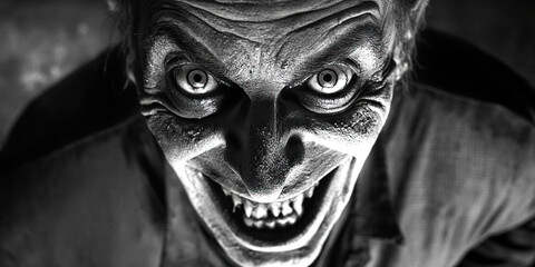 Obraz premium The Manic Laughter of Madness: A madman's cackle echoes through a shadowy asylum, his eyes wild and his gestures frantic.