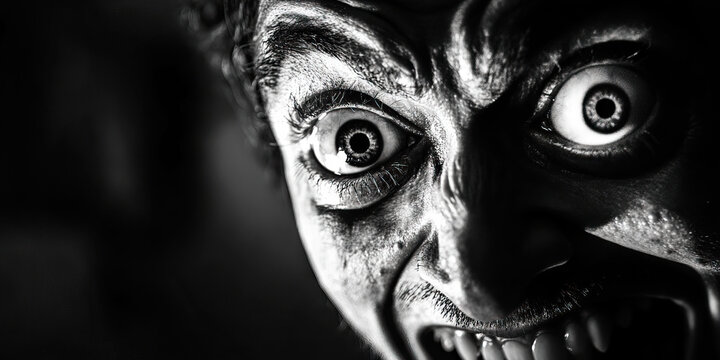 The Manic Laughter of Madness: A madman's cackle echoes through a shadowy asylum, his eyes wild and his gestures frantic.