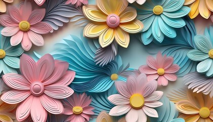 Fototapeta premium seamless pattern of 3D daisies floral pastel pink, yellow, and blue , paper quill pattern.