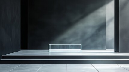 A clean, minimalist luxury room with smooth charcoal walls and a luminous empty glass product platform, set on a polished white stone floor for a high-end fashion product .