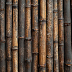A close-up of an old, weathered bamboo fence with visible age and character