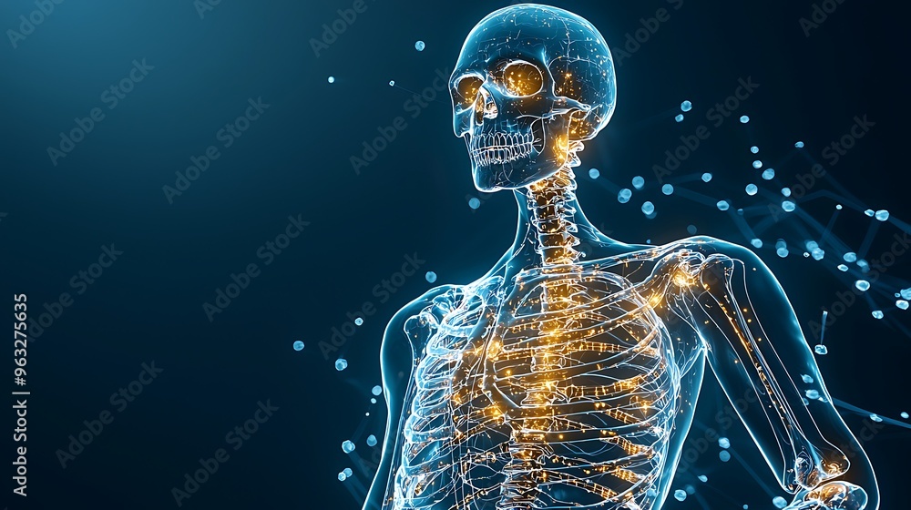 Poster a futuristic skeleton anatomy glows with particles, highlighting the intricate design of life.