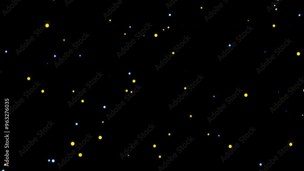 Poster abstract animation glow yellow blue bokeh particles flowing on black background for screen project o