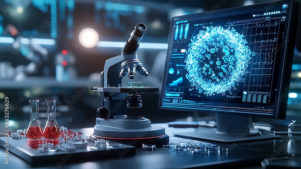 Poster a modern laboratory setup with a microscope, a computer screen displaying scientific data, and a bea