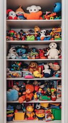 Overflowing shelves packed with colorful toys, stuffed animals, and games create a nostalgic wonderland of childhood treasures in this vibrant playroom storage.