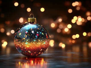 Obraz premium A colorful Christmas ornament with sparkling stars and a blurred festive background.