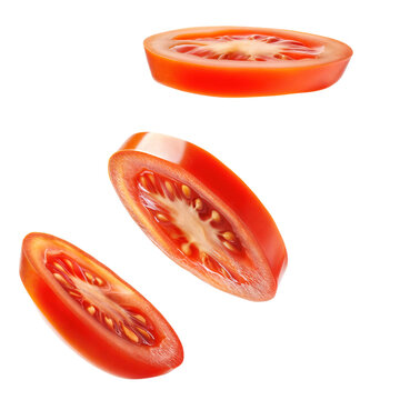 Fresh tomato slices in air isolated over transparent background, png ready cut-out