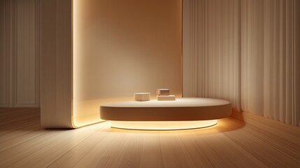 A luxurious architectural setting featuring a smooth-walled alcove and a glowing product platform, with a sophisticated hardwood floor to add elegance and depth for high-end cosmetic displays.