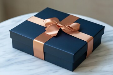 Blue Gift Box with Rose Gold Ribbon on Marble Table