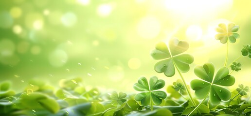 Close up of green four leaf clovers with blurred green background and bokeh. Concept of luck, good fortune, and Irish heritage.