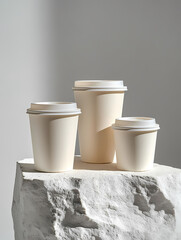 Product Photography, Commercial Photography, White Background, Two Large and One Small White Coffee Takeaway Cups