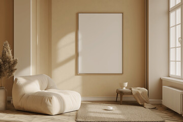 Cozy reading nook with an empty mock-up poster frame on a beige wall, soft seating, and natural light, creating a warm and inviting space perfect for relaxation or showcasing wall art