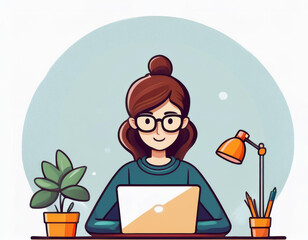 Young woman working from home on her laptop. She is wearing glasses, sitting at a desk with a plant and a lamp.