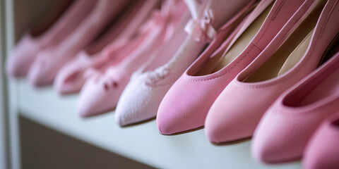 Pink Ballet Flats: A neat row of pink ballet flats by a dresser.