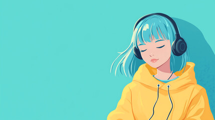 Vibrant anime illustration of a girl with teal hair and a yellow hoodie, enjoying music with headphones against a solid teal background, capturing the essence of relaxation and personal expression