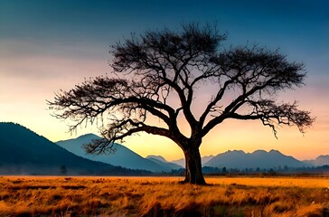Obraz premium Beautiful view of a sunrise through a large lone tree in a forest