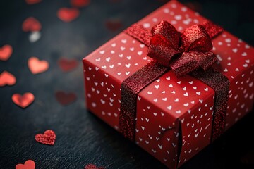 Obraz premium Red Gift Box with Hearts and Bow