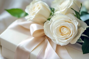 White Roses on Gift Box with Ribbon
