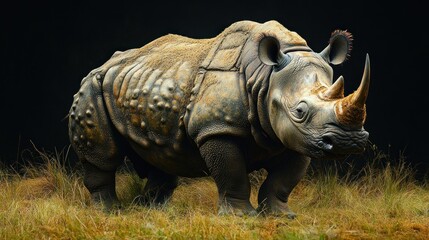 Fototapeta premium A detailed depiction of a rhinoceros in a natural setting.