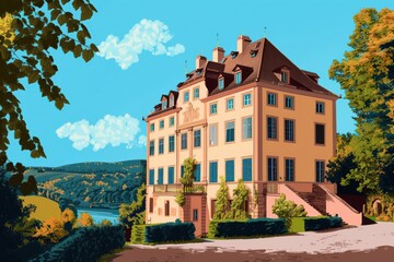 Obraz premium Beautiful Winter Village Scene with Snow-Covered Trees, Quaint Houses, Church Tower, and Soft Blue Tones - A Serene Seasonal Landscape. Beautiful simple AI generated image