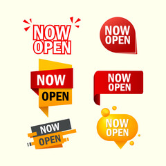 Now open tag, label, badge, sticker with offer message icon vector design. Promotion business marketing symbol, sign, banner template.