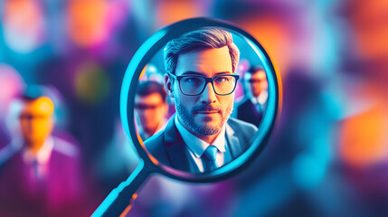 Fototapeta premium magnifying glass focused on person business businessman formal suit cartoon professional business job candidate search headhunt headhunter human resources recruit candidate applicant seeker