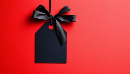 Elegant blank black sale tag adorned with a sleek black ribbon, ideal for showcasing exclusive deals during the Black Friday sale. Perfect for capturing attention and driving purchases.