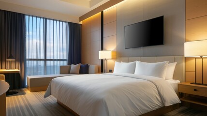 Luxurious hotel room with modern decor, large windows, and comfortable bedding, ideal for relaxation and comfort.