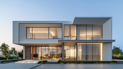 Fototapeta premium Modern architectural design featuring sleek lines and large windows in a contemporary house with a serene landscape.