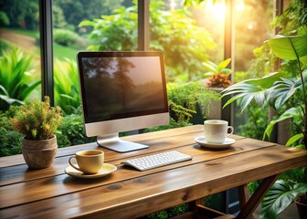 Fototapeta premium Rustic wooden desk with lush greenery and a modern computer surrounded by morning sunlight and a comforting aroma of freshly brewed coffee