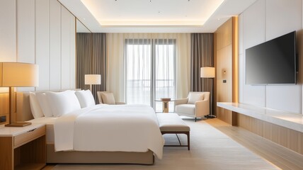 hotel bedroom featuring twin beds, stylish decor, large window, and cozy seating area for relaxation and comfort.