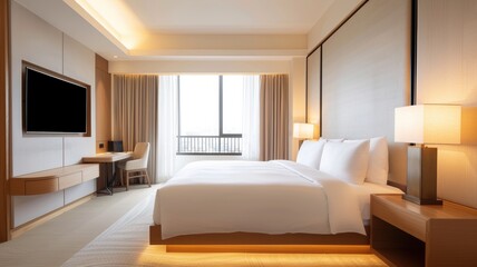 hotel bedroom design featuring a cozy bed, elegant lighting, and large windows with city view during the day.