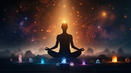 Silhouette of a meditating figure surrounded by glowing crystals in a cosmic atmosphere, representing peace and spiritual energy.